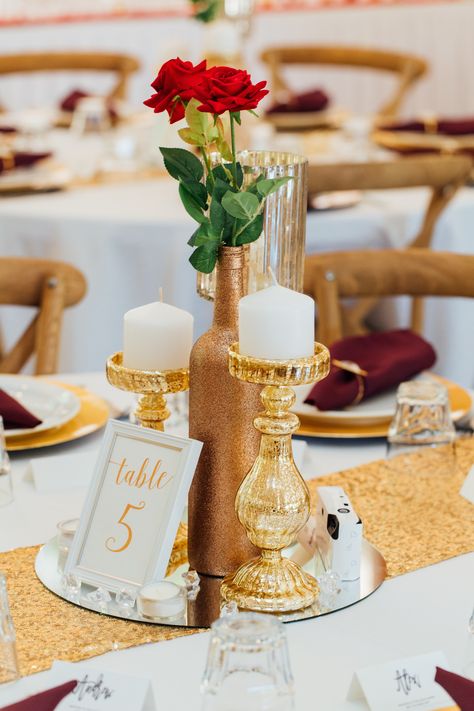 Gold Centrepiece, Rose Gold Centrepiece, Red Rose, Sparkly Gold Runner, Table Number, DIY Rose Gold Centerpiece, Wedding Table Toppers, Picture Frame Table, Burgundy Wedding Theme, Red Wedding Decorations, Renewal Wedding, Gold Centerpieces, Rose Centerpieces, Birthday Table