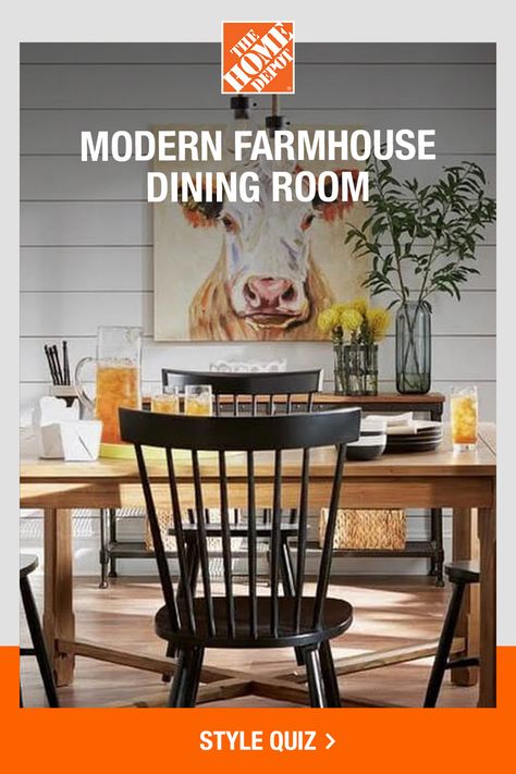 Learn how to bring both a rustic and refined look into your home with the style quiz from The Home Depot. Our curated quiz will not only introduce you to your style preference, but will serve up design pieces for every room of your home—showing you how to use a chic design like farmhouse to transform your spaces into something contemporary yet cozy. Think farmhouse decor is for you? Tap to take The Home Depot style quiz to find your interior style. Decorating A New Home, Modern Farmhouse Dining Room, Modern Farmhouse Dining, Dining Room Style, Farmhouse Dining Room, Modern Farmhouse Style, New Home Designs, Interior Design Kitchen, Chic Design