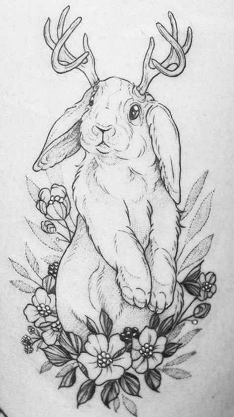 Jackalope Tattoo Cute, Spooky Bunny Tattoo, Mythical Animal Tattoo, Marten Tattoo, Jackalope Drawing Tattoo, Bunny With Antlers Tattoo, Cute Jackalope Tattoo, Animal Tattoo Drawings, Jackalope Tattoo Design