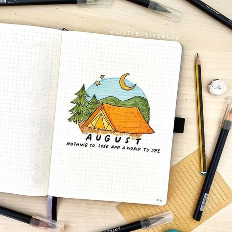 Bullet Journal Cover Page Ideas, August Bullet Journal Cover, Journal Cover Page Ideas, August Bullet Journal, Bullet Journal August, Bujo Themes, Cover Page Ideas, Journal Cover Page, Camping Journal