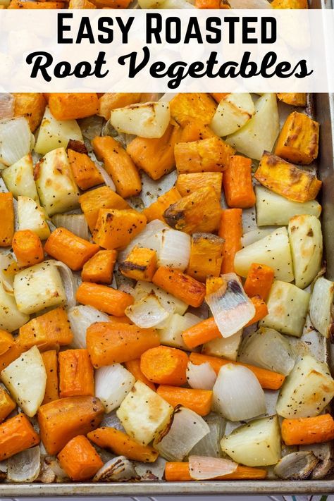 Easy Oven Roasted Root Vegetables Recipe features Russet potatoes, sweet potatoes, carrots and onion. It is an easy and healthy side dish. Roasted White And Sweet Potatoes, Roasted Sweet And White Potatoes In Oven, Oven Roasted Russet Potatoes Easy, Oven Roasted Root Vegetables, Carrots In Oven, Oven Baked Chicken Tenders, Easy Roasted Vegetables, Oven Roasted Sweet Potatoes, Roasted Potatoes And Carrots