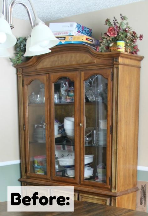 Dining Room China Hutch Makeover- before and after pictures of the process. Chalk paint tutorial furniture. Painting China Hutch Wallpaper, China Cabinet Before And After, Decorate Top Of China Cabinet, Refinished Hutch Ideas, Dining Hutch Makeover, Black Hutch Makeover, Hutch Makeover Diy, Refinished China Cabinet, Victorian Dining Room Table