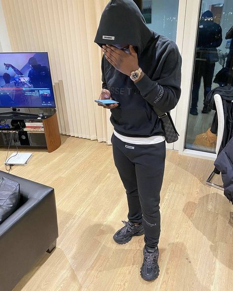 Black Essentials Hoodie Outfit Men, Grey Essentials Hoodie Outfit Men, Essentials Tracksuit Outfit Men, All Black Fits Men, Balenciaga Track Outfit Men, Essentials Hoodie Outfit Men, Men Tracksuit Outfit, Uk Drip Outfits Men, Essentials Hoodie Outfit