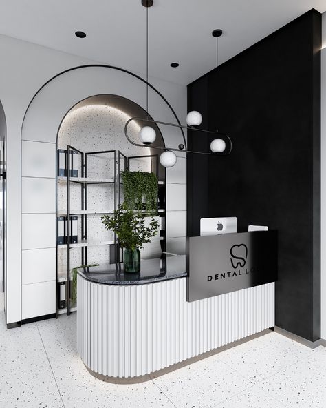 Сlinic of dentistry on Behance Elegant Shop Design, Black And White Reception Desk, Clinic Front Desk Design, Simple Clinic Interior Design, Black And White Clinic Interior Design, Black Front Desk, Black And White Boutique Interior Design, Black And White Dental Clinic, White Clinic Interior