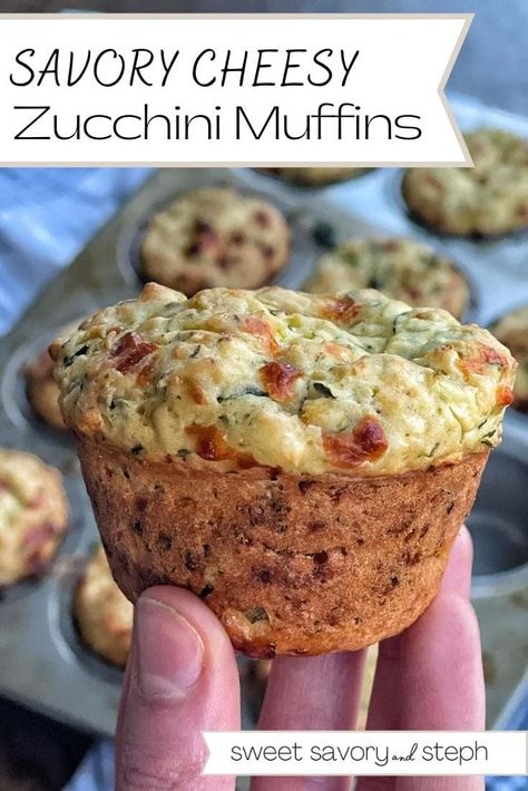 Breakfast, side dish, snack, lunch? Whatever the meal time, these savory cheesy zucchini muffins are the answer.  Grated zucchini is mixed into a muffin batter with flour, seasonings, egg, and mozzarella cheese, and then baked until golden brown. Light, airy, delicate in flavor, these savory muffins are delicious and healthy.  Add these to your meal plan when you're looking for a fun way to get those veggies in. Savory Zucchini Muffins, Savory Breakfast Muffins, Zucchini Breakfast, Savory Muffins Recipes, Zucchini Cheese, Veggie Muffins, Grated Zucchini, Snack Lunch, Cheesy Zucchini