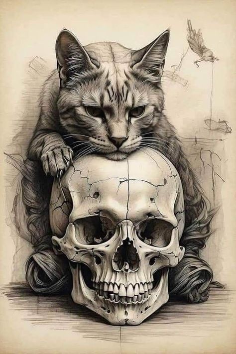 Kitty Tattoos, Halloween Canvas Art, Chat Halloween, Skulls Drawing, Dark Art Tattoo, Skull Tattoo Design, Skull Artwork, Skull Drawing, Arte Animal