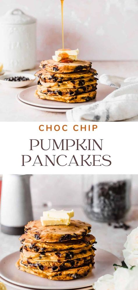 These homemade Chocolate Chip Pumpkin Pancakes are the perfect breakfast or brunch for Fall. They are made with pumpkin puree, chocolate chips, and lots of warm spices. (Can be made gluten-free). Pumpkin Chocolate Chip Pancakes, Homemade Chocolate Chips, Pumpkin Chocolate Chip, Chocolate Chip Pancakes, Pumpkin Recipes Dessert, Pumpkin Pancakes, Pumpkin Chocolate Chips, Decadent Cakes, Easy Snack Recipes