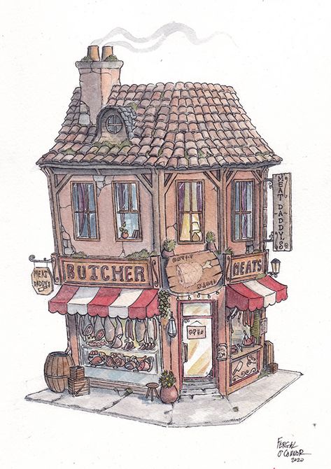 The Butcher's Shop by fergal91 on Behance Butcher Shop Drawing, Medieval Shop Concept Art, Butchers Shop Minecraft, Old Butcher Shop, Medieval Butcher Shop, Fantasy Butcher Shop, Bakery Building Design, Butcher Drawing, Butcher Minecraft Ideas