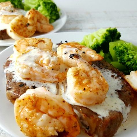 Ribeye Steak and Shrimp with Parmesan Sauce for Two - Applebee's copycat recipe Surf And Turf Dinner, Parmesan Sauce Recipe, Applebees Copycat Recipes, Grilled Ribeye Steak, Parmesan Cheese Sauce, Broccoli Dishes, Grilled Ribeye, Bbq Pork Ribs, Steak And Shrimp