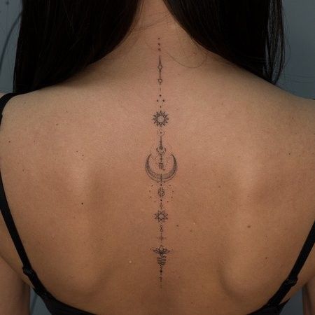 Fine Line Chinese Character Tattoo, Spine Tattoos Travel, Hot Spine Tattoos For Women Unique, Spine Tattoos For Women Chakra, Sanskrit Spine Tattoo, Spine Tattoos For Women Spiritual, Linear Spine Tattoo, Dainty Back Tattoos For Women Spine, Tattoo Rug Dames