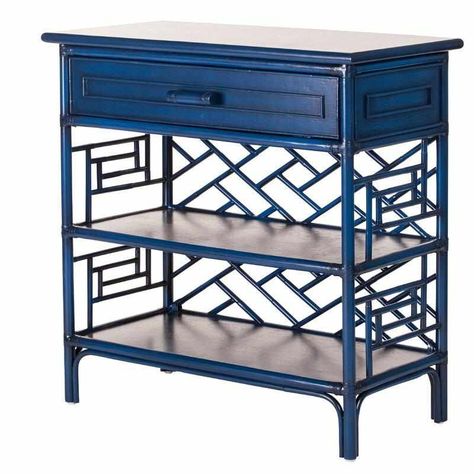 Chippendale Furniture, Open Frame Headboard, Plywood Shelves, Chinese Chippendale, Modern Style Homes, End Tables With Storage, Metal Drawers, Tropical Decor, White Decor