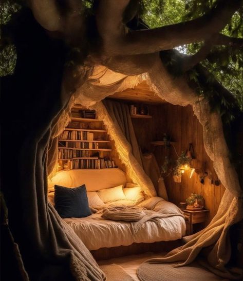 COzzy bedroom fresh home decor idea 2023 Fairytale Cottage Aesthetic Bedroom, Fantasy Themed Home Library, Fantasy Core Room, Cottage Core Interior, Cottage Core Bedroom, Tree House Interior, Fresh Bedroom, Decor Ideas Bedroom, Fantasy Rooms