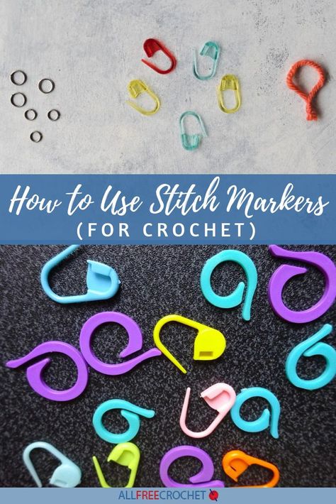 Learn the types of crochet markers and how to use them on your crochet projects! How To Use Stitch Markers In Crochet, Crochet Tricks, Crochet Holder, Crocheting Tips, Stitch Markers Crochet, Crochet Markers, Knitting Markers, Crochet Stitch Markers, Easy Beginner Crochet Patterns