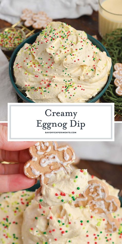 Rich, creamy and full of holiday flavor, this no-cook Eggnog Dessert Dip is perfect for parties and gatherings. Serve with cookies or fruit. Eggnog Dip, Cooked Egg Nog, Christmas Appetizer Recipes, Eggnog Dessert, Eggnog Fudge, Eggnog Recipes, Creamy Eggnog, Easy Puddings, Dessert Dip