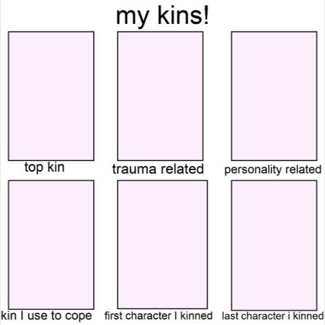 I love seing who diffrent people kin, so if you could tag me if you make a version of this, that would be amazing ^////^ Kins Template, Kin List Template, Funny Charts, Blank Memes, Character Sheet Template, Bingo Template, Kin List, Facebook Templates, Character Template