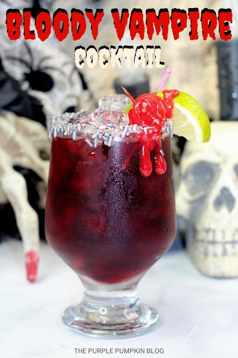 This Bloody Vampire Cocktail is perfect for your Halloween soiree and is sure to be a hit with all who drink it. The deep red Halloween cocktail is made with two types of vodka, gin, and grenadine, and is finished off with a dripping blood garnish - just the thing for thirsty vampires! #BloodyVampireCocktail #ThePurplePumpkinBlog #VampireCocktails #HalloweenCocktails #Cocktails Vampire Blood Drink Recipe, Red Halloween Drinks Alcohol, Red Alcoholic Drinks, Types Of Vodka, Green Cocktails, Vodka Punch, Red Punch, Dripping Blood, Raspberry Mojito