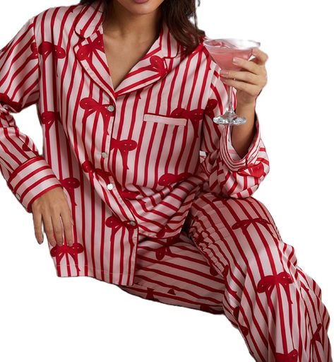 Material: Christmas Day 2 piece pajama lounge sets are made with premium polyester, super soft and smooth to touch, skin friendly, lightweight, breathable, relaxed and comfortable to wear.Fearure: Women bow two piece pajamas set, long sleeve, button down, bowknot print, 2 piece silk stain pjs sets, flroal lounge set for women, y2k long sleeve pajama set, funny graphic jammies, coquette sleepwear.Size: S/ M/ L/ XL. Please refer to our size chart before your ording.Occasion: Suitable for daily wear, sleepwear, hotel, travel, vocation, brunch, pajama party, lingerie party, birthday party, evening, dating, honeymoon, date night, anniversaries, bride rehearsal, wedding, clubwear, streetwear, Christmas Day.Package includes: 1 * adorable sweet pajamas sets, perfect for Christmas, Valentine's day, Women Christmas Pajamas, Christmas Pyjamas, Y2k Long Sleeve, Artfully Designed, Pyjama Sets, Christmas Pajama Set, Luxury Christmas, Satin Long Sleeve, Striped Pyjamas