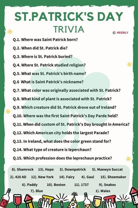 St. Patrick’s Day Trivia Questions & Answers - Meebily St Patrick’s Day Trivia With Answers, St Patricks Day Trivia Printable, St Patrick’s Day Trivia, St Patrick’s Day Work Ideas, St Patrick’s Day Games, March Activities For Seniors, St Patricks Day Games, Trivia For Seniors, St Patricks Decorations