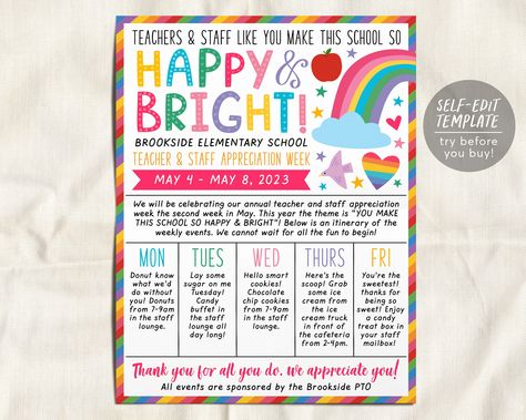 Preschool Staff Appreciation, Preschool Teacher Appreciation Week, Rainbow Teacher Appreciation Week, Teacher Appreciation Week Themes 2024, Staff Appreciation Themes, Preschool Teacher Appreciation, Teacher Appreciation Week Themes, Teacher Appreciation Themes, Pta Ideas