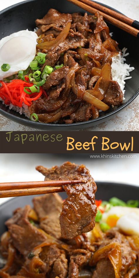 Asian Beef Bowl, Gyudon Recipe, Sliced Beef Recipes, Japanese Beef Bowl, Beef Bowl Recipe, Japenese Food, Beef Bowl, Japanese Beef, Japanese Dinner