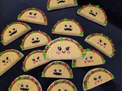 Mr and Mrs Taco Cookies Taco Cookies Decorated, Taco Cookies, Tacos Dorados, 36th Birthday, Horse Treats, Decorated Sugar Cookies, Cookie Desserts, Decorated Cookies, Sugar Cookies Decorated