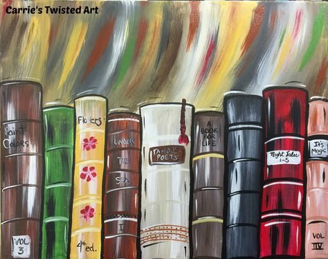 Painting Books On Canvas, Book Paintings, Bookshelf Painting Ideas Canvas, Book Painting Ideas On Canvas, Book Shelf Painting Ideas On Canvas, Book Stack Painting, Book Shelf Painting Canvas, Library Acrylic Painting, Painting Of Bookshelf