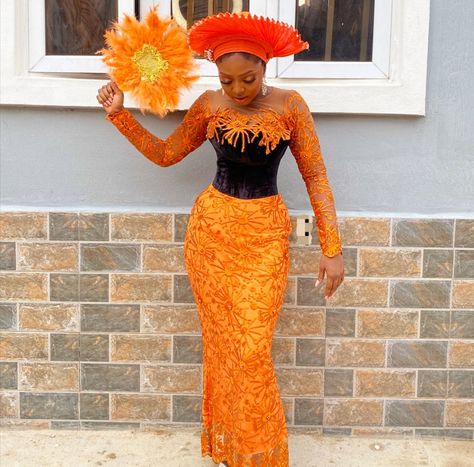 A dress with an invincible inbuilt corset inside Burnt Orange And Black Asoebi Styles, Inbuilt Corset Dress, Burnt Orange Asoebi, Orange Asoebi, Orange African Dress, Burnt Orange Lace Dress, Asoebi Dress, Lace Asoebi Styles, Lace Styles For Wedding