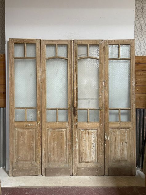 "Antique French doors Antique French doors imported from Egypt, made out of massive East European pine. These doors were pulled out of a building and are architectural salvage. They are not not brand new and has wear and tear. Dimensions: 99\" by 92\" total width *Our doors come in various sizes and at times the sizes might be off a quarter of an inch.  **Imperfections are part of the charm of our antique doors Please contact us with any questions." Home Office With French Doors, French Barn Doors, Office With French Doors, Antique French Doors, Vintage Cupboard, Doors With Glass, Doors Repurposed, Double French Doors, Glass French Doors