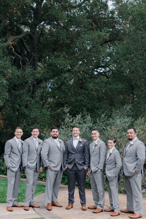 Gray Groom And Groomsmen Attire, Gray Wedding Tuxedo For Men, Groomsmen Gray Attire, Groomsmen Attire Suits, Groom In Different Suit Than Groomsmen, Groom And Groomsmen Attire Grey, Spring Wedding Tux Colors, Groom Different From Groomsmen, Light Gray Groomsmen Suits