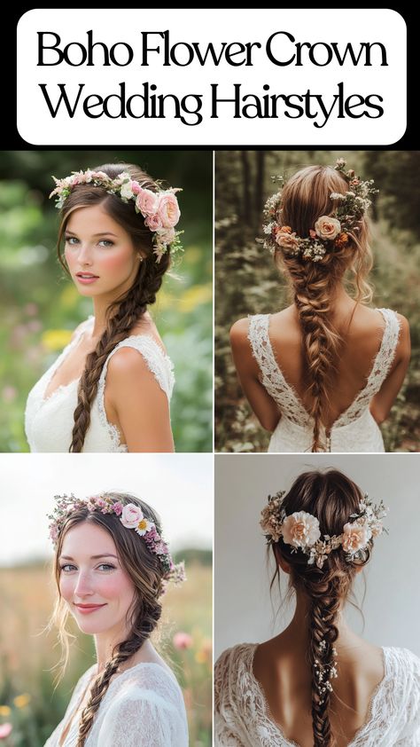 Bride with a boho flower crown wedding hairstyle, featuring floral hair accessories and braids. Boho Bridal Hairstyles, Romantic Wedding Hairstyles, Wedding Hairstyles With Flowers, Hairstyles Work, Hairstyles With Flowers, Garden Princess, Wedding Hair Ideas, Floral Hair Accessories, Wedding Hair Trends