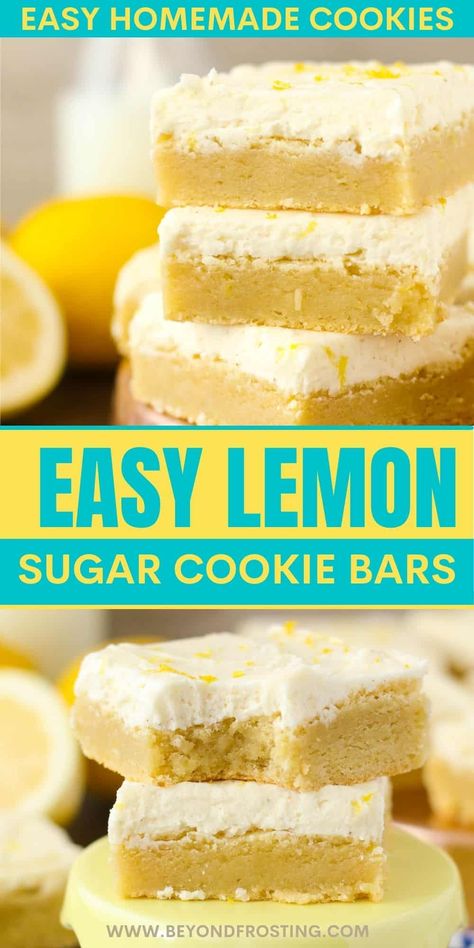 These Lemon Sugar Cookie Bars are soft, thick, chewy, buttery, and lemon-y sugar cookies slathered with sweet vanilla buttercream. Lemon Sugar Cookie Bars Recipe, Lemon Sugar Cookie Bars, Sugar Cookies Frosting, Lemon Cookie Bars, Bar Cookies Recipes, Cookie Bars Recipes, Sugar Free Lemon Bars, Lemon Recipes Easy, Easter Cookie Bars