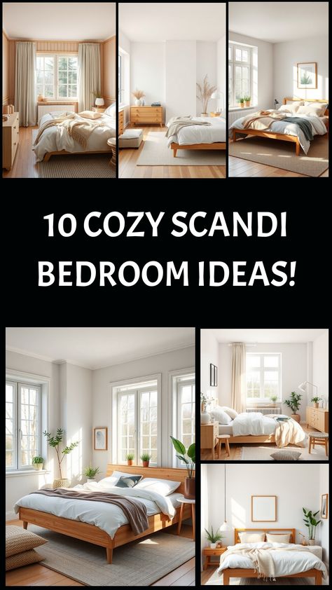 Collage of minimalist Scandinavian bedroom designs with natural wood and light colors. Scandinavian Teenage Bedroom, Scandi Minimalist Bedroom, Scandi Bedroom Ideas, Scandi Bedroom Decor, Nordic Bedroom Ideas, Minimalist Scandinavian Bedroom, Danish Bedroom, Hygge Bedroom Ideas, Cozy Scandinavian Bedroom