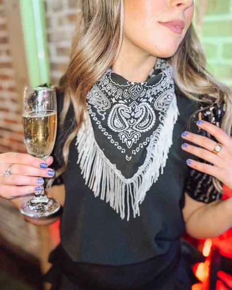 FIG BOUTIQUE on Instagram: "Loving this added accessory!!! Bandanas with fringe are just a MUST!!!! The perfect add on for a rodeo night!!! Come see us instore today till 6!!!! #accessories #accessories #accesorios #accessory #bandana #bandanastyle #fringe #sequins #style #styleinspo #stylefashion" Bandana With Fringe, Disco Cowgirl, Bandana Styles, Concert Fits, Bandana Scarf, Western Wear, Rodeo, Womens Scarves, Bachelorette Party