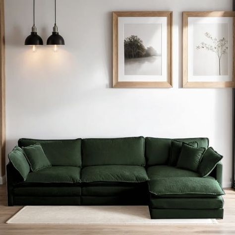 Chenille Modular Oversized L-Shaped Sectional Sofa With Ottoman, White - Bed Bath & Beyond - 40783825 Living Room With Dark Green Couch, Green L Shaped Sofa, Dark Green Sectional, Green Sofa Inspiration, Green Sectional Sofa, Green Sectional, Green Couch Living Room, Ottoman Green, Green Inspo