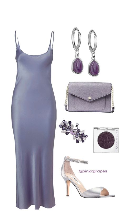 pastel lavender slip dress, silver heel sandals crystal, purple stone drop earrings, small purple silver handbag, purple eyeshadow Lavender Slip Dress, Dreamy Wardrobe, Silver Heel, Crystal Purple, Pastel Lavender, Silver Handbag, Stone Drop Earrings, Purple Eyeshadow, Dress Silver