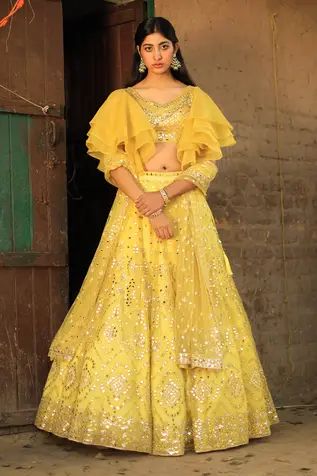 Buy Sana Barreja Yellow Georgette Sara Floral Print Peplum Top And Sharara Set Online | Aza Fashions Yellow Organza Lehenga, Lehenga Haldi, Victorian Skirt, Mustard Top, Haldi Outfit, Organza Lehenga, Yellow Lehenga, Printed Peplum Top, Embroidered Organza