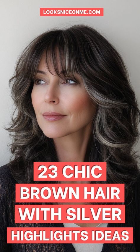 23 Chic Brown Hair with Silver Highlights Ideas: Fresh Hairstyles You’ll Love | LooksNiceOnMe Best Hair Colors For Greying Hair, Balayage To Blend Gray Hair, Brown Eyes Grey Hair, Silver Hair Dark Lowlights, Brunette Gray Highlights, Face Framing Gray Highlights, Color To Blend Gray Hair Dark Brown, Highlights That Hide Gray Hair, Highlights With Gray Hair Natural