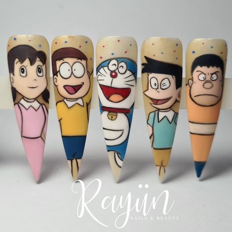 Doraemon Nail Art, Shinchan Nail Art, Nail Art Designs Cartoon, Nail Art Cartoon Characters, Cartoon Character Nail Art, Cartoon Nail Designs, Character Nails, Nail Display, Quick Nail Art