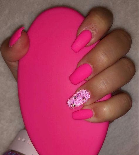 Hot Pink Matte Acrylic Nails, Matte Sparkle Nails, Hot Pink Matte Nails, Sparkly Pink Acrylic Nails, Hot Pink Sparkle Nails, Gel Full Set, Pink Matte Nails, One Glitter Nails, Pink Sparkle Nails