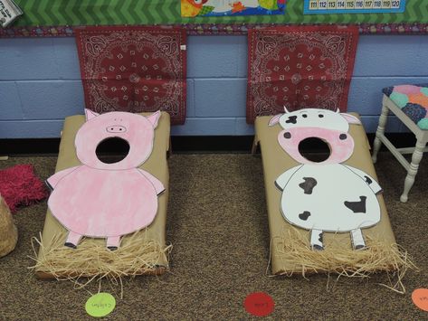 Feed the cow and pig bean bag toss game for farm theme party in the classroom. Barnyard Birthday Party, Farm Theme Birthday, Farm Animal Party, Farm Animals Birthday Party, Farm Themed Birthday Party, Barnyard Party, Cow Birthday, Farm Animal Birthday, Barnyard Birthday