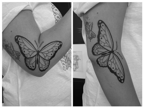 Butterfly Crease Elbow Tattoo, Elbow Crease Tattoo Inner Butterfly, Butterfly Bending Elbow Tattoo, Inner Elbow Butterfly Tattoo, Folding Butterfly Tattoo, Butterfly Tattoo Elbow Bend, Elbow Bend Tattoo Women, Butterfly Tattoo In Bend Of Arm, Butterfly On Elbow Tattoo