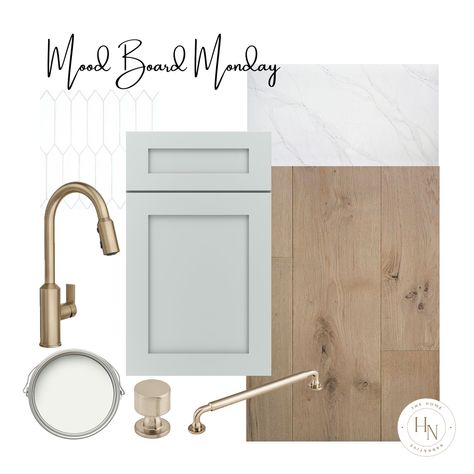 Light Grey White And Wood Kitchen, Kitchen Mood Board Grey Cabinets, Kitchen Backsplash Mood Board, White Oak Gold Kitchen, Light Grey And Gold Kitchen, Gray And White Oak Kitchen, White Oak And Grey Kitchen, Kitchen Cabinet Colors With Gold Hardware, White Gray Gold Kitchen