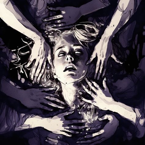 woman is surrounded and covered by hands, drowning in hands, horror atmosphere but mostly dark and foreboding hands. Horror Love Art, Horror Drawings Aesthetic, In Agony Pose, Horror Women Art, J Horror Aesthetic, Body Horror Art Reference, Body Horror Inspiration, Face Gore Art, Gothic Horror Artwork