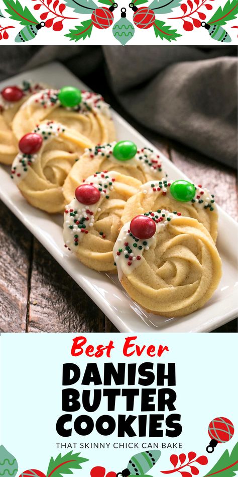 Danish Butter Cookies - Sweet, buttery swirled cookies that can be decked out for any holiday by dipping in chocolate and adding festive sprinkles. A copycat of the iconic Royal Dansk cookies that come in the blue tin!! Traditional Shortbread Recipe, Copycat Cookies, Danish Butter Cookies, Shortbread Recipe, Best Christmas Recipes, Shortbread Cookie Recipe, Christmas Foods, Butter Cookies Recipe, Xmas Cookies