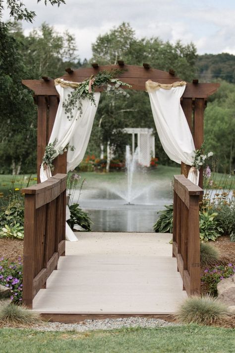 Wedding Venue With Pond, Pond Wedding Decor, Wedding In Front Of Pond, Pond Wedding Ideas, Pond Wedding Ceremony, Walkway Decor, Pavillion Wedding, Gazebo Wedding Decorations, Wedding Landscape