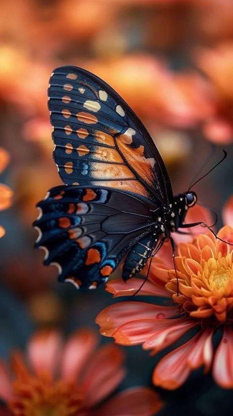 Butterfly Close Up Photography, Autumn Butterflies, Butterfly Reference, Butterflies Aesthetic, Flower With Butterfly, Butterfly On A Flower, Butterflies Wings, Orange Butterflies, Butterfly On Flower