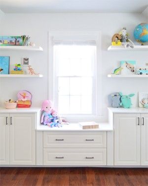 Window seat created in bonus room with built-in Ikea cabinets and white floating shelves Trofast Ikea, White Built Ins, Ikea White, Kitchen Ikea, White Floating Shelves, Floating Shelves Bathroom, Young House Love, Window Benches, Build Floating Shelves