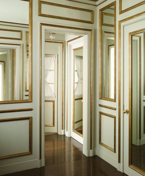 A hallway of doors and mirrors with mint walls and gold decorative molding! (above) I... Decorative Wall Molding, Interior Design Blogs, Mint Green Walls, Mint Walls, Issue Magazine, French Bedroom, Eclectic Bedroom, Decorative Mouldings, Style Magazine