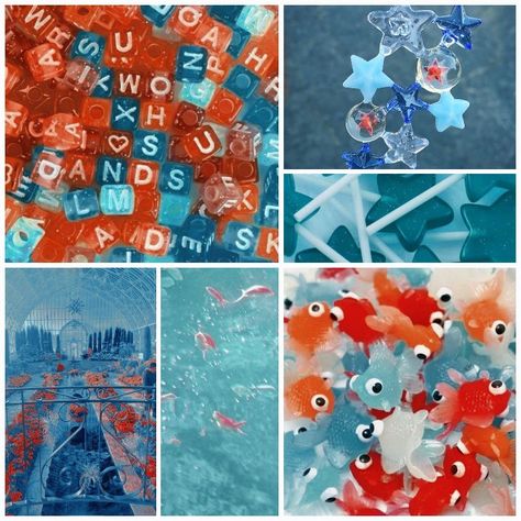 Sea Themed Mood Board, Moodboards For Characters, Orange And Blue Moodboard, Moodboard Inspiration Mood Boards Ideas, Fish Moodboard, Adopt Moodboard, Character Mood Boards, Aesthetic Moodboard Inspiration, Ocean Moodboard