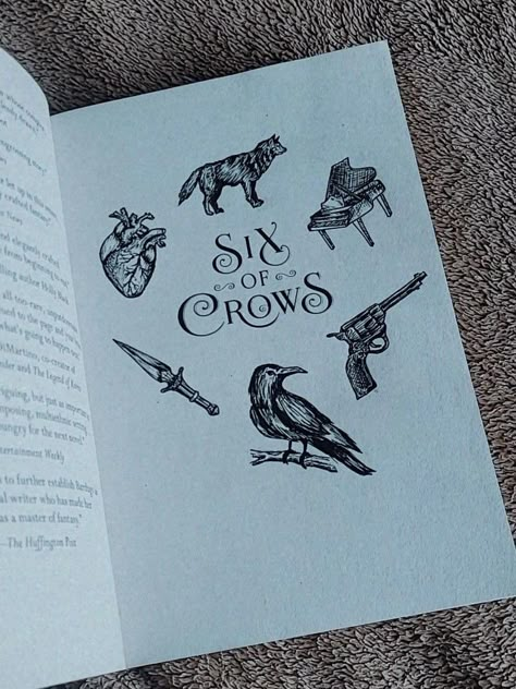 art for each character in six of crows done in the title page of book Six Of Crows Drawing, Six Of Crows Book Quotes, Six Of Crows Tattoo, Books Quotes Aesthetic, Six Of Crows Book, Book Title Page, Page Of Book, Books Decoration, Aesthetic Romance